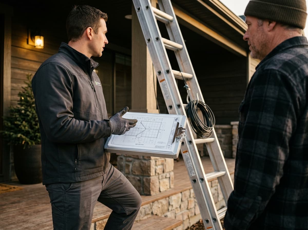 Installer reviewing a measured lighting plan with a homeowner at the front porch