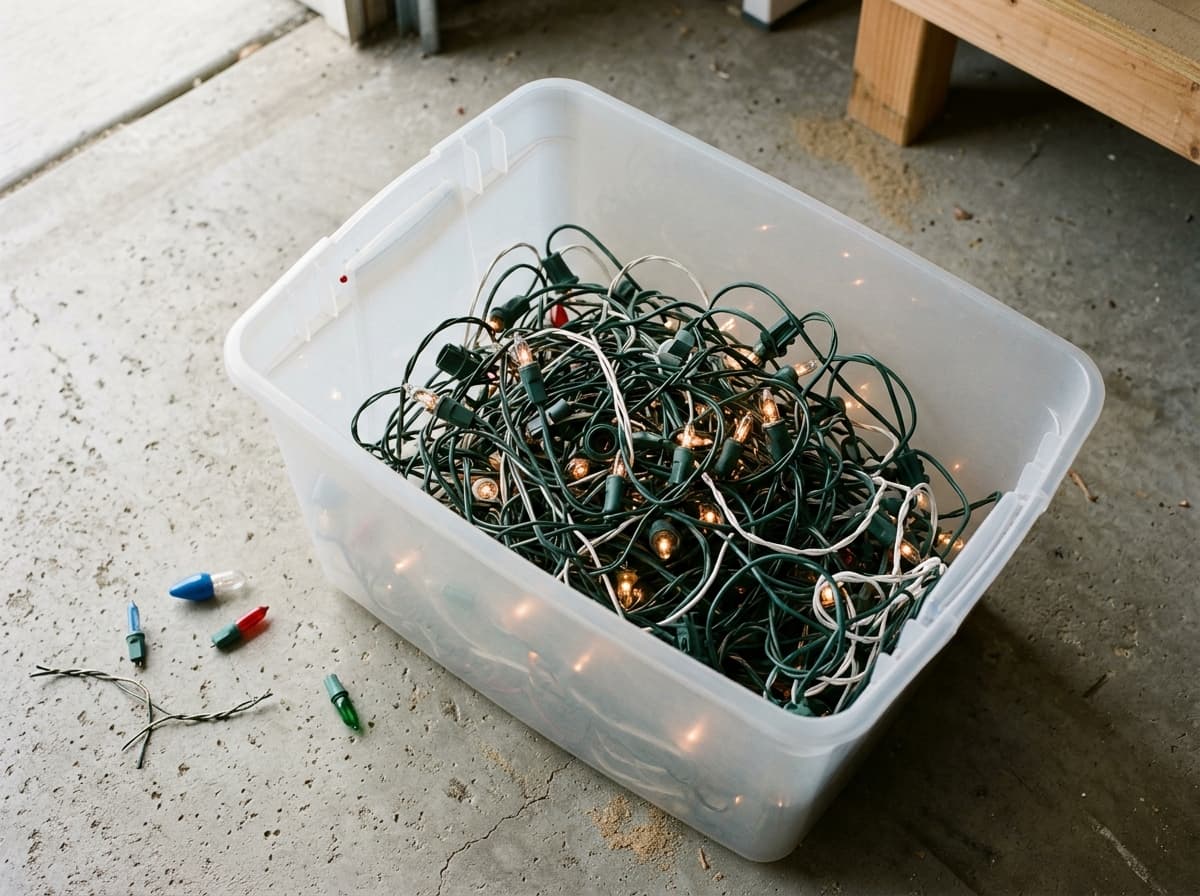 Garage bin of tangled Christmas lights, photographed from above