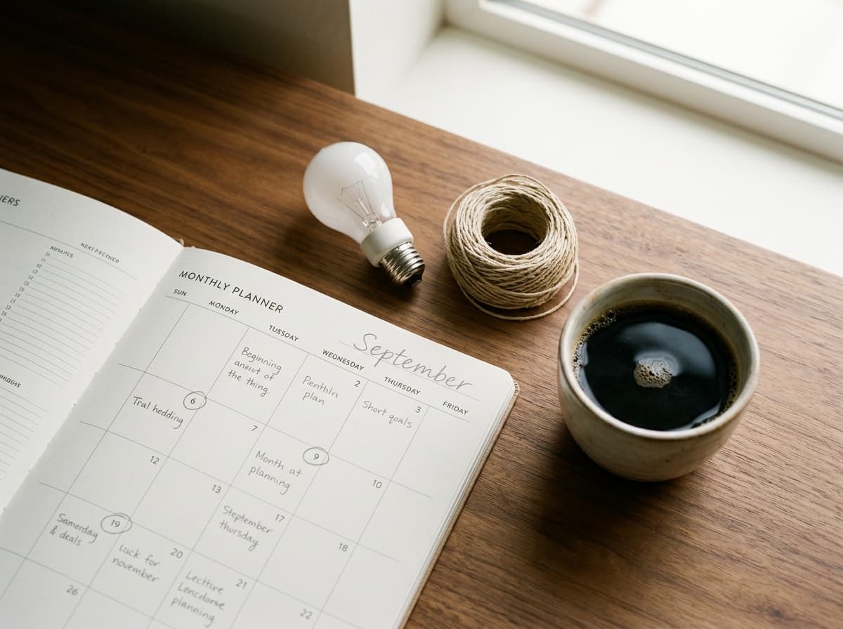 September planning desk with a calendar, a C-9 bulb, and a materials sheet