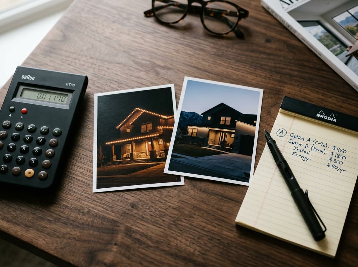 Calculator and photographs of two lighting options on a desk