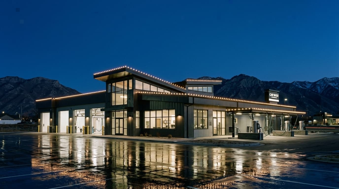 Commercial building with full-perimeter warm white lighting at twilight