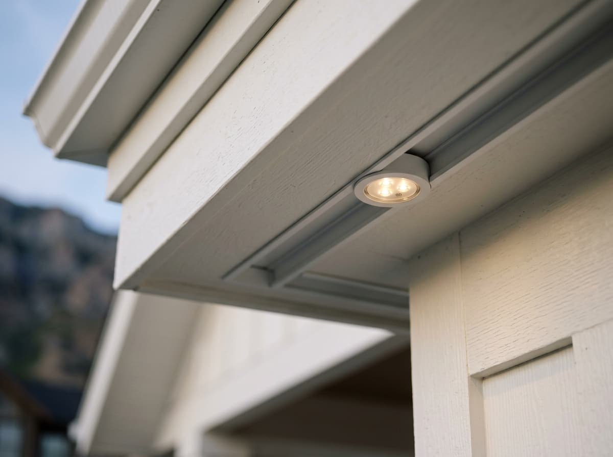 Color-matched permanent lighting track with a flat LED lens, nearly invisible by day