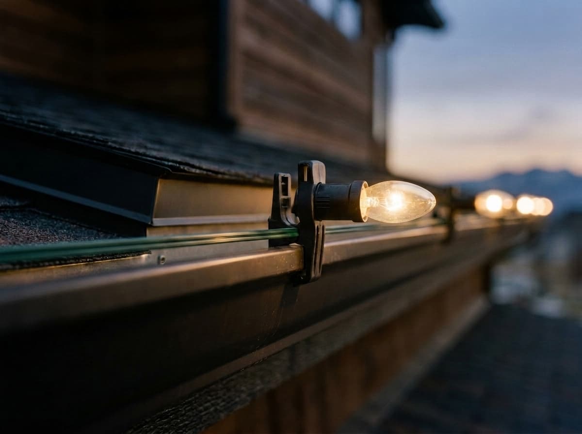 Close-up of warm white C-9 bulbs in a perfectly straight row at dusk