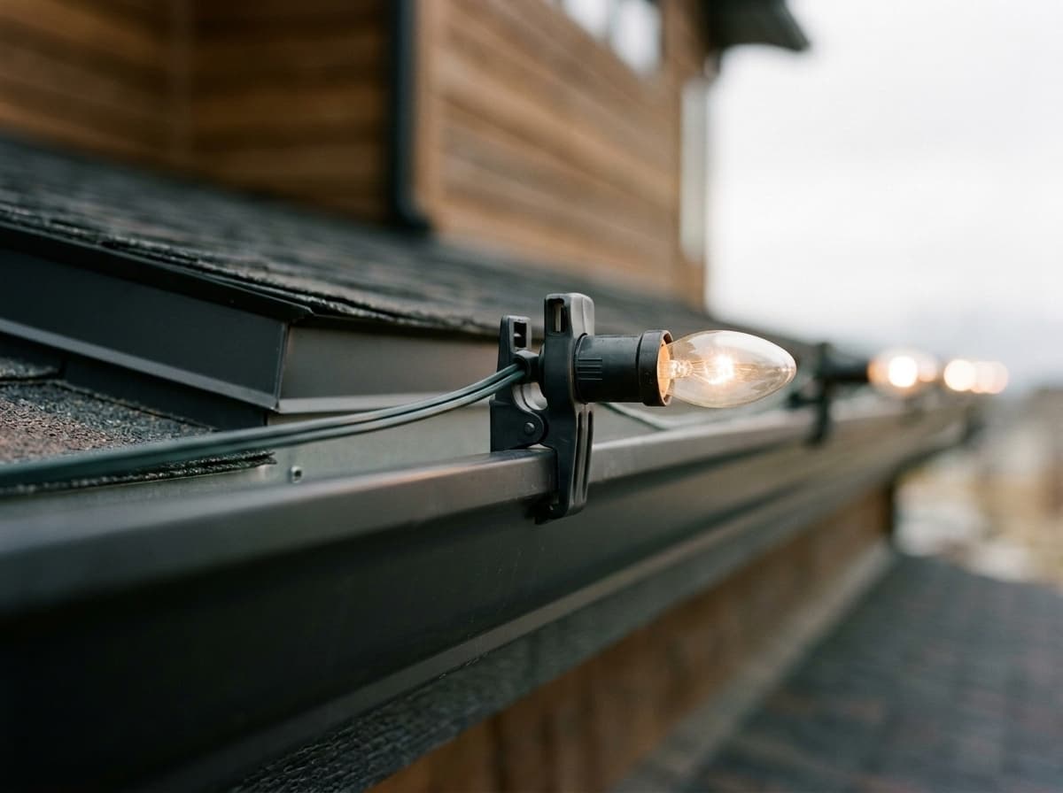 Professional clip gripping the top edge of a rain gutter, holding a C-9 bulb pointing straight out