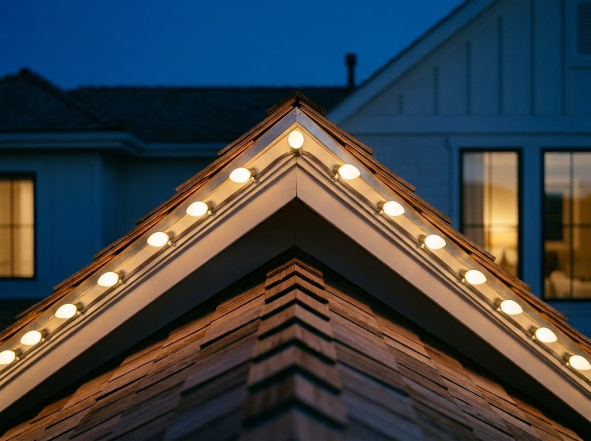 Two runs of warm white C-9 bulbs meeting at a gable peak, one bulb centered exactly on the apex