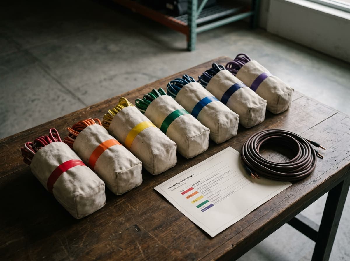Pre-cut light strings bagged, labeled, and staged on a warehouse table