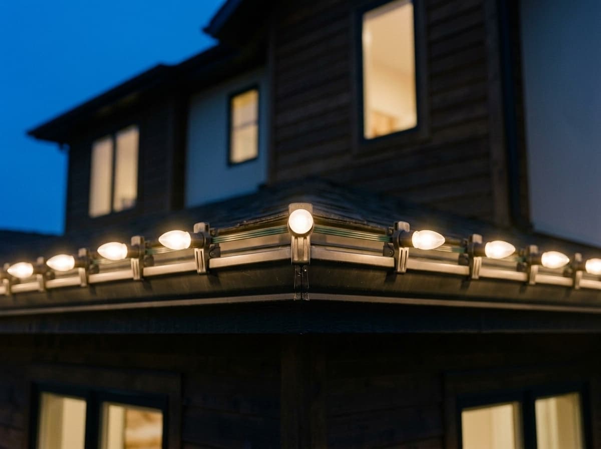 Two light runs meeting precisely at a roofline corner