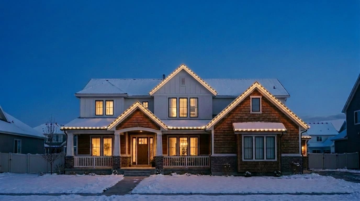 Utah craftsman home in warm white C-9 holiday lighting