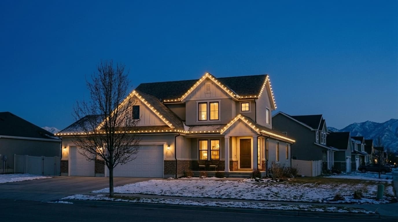 Utah family home traced in warm white C-9 holiday light at blue hour