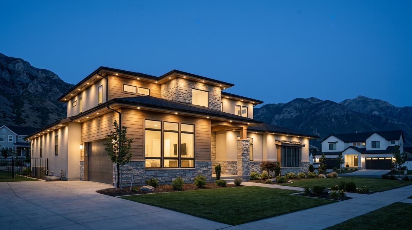 Modern family home with permanent under-eave lighting glowing at dusk