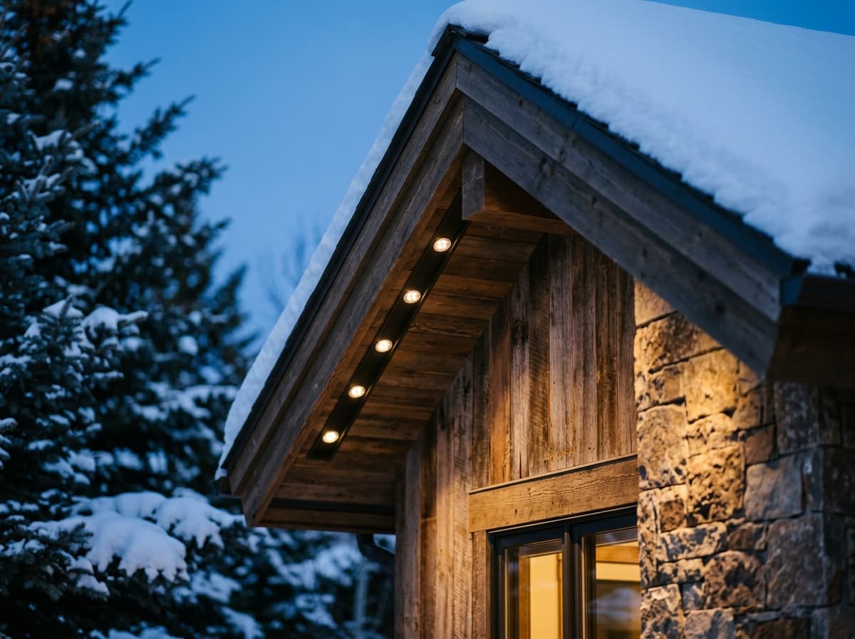 Permanent lighting track under a timber eave with downward-facing LED lenses